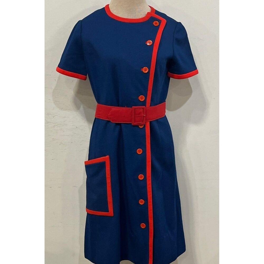 Vintage Retro Handmade 50s Cotton Navy Blue & Red One Piece Dress Size Small